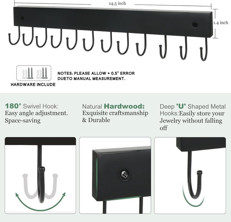 AnDock 2 Pack Purse Organizer Wall Mount with 24 Rotating 180° Coat Rack, 14.6" Wooden Entryway Purse Holder, Wall Hooks for Hanging Belts, Ties, Keys, Scarf, Bras, Bag, Space Saving Hanger (Black) - Image 3